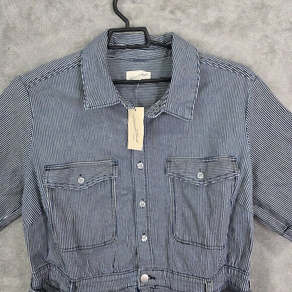 Womens Blue & White Striped Romper Button Up Belted Waist 100% Cotton Size 17 - Picture 3 of 12